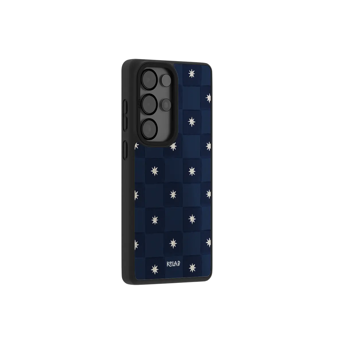 Navy checkerboard Samsung Galaxy case at a side angle showing the wrapped button covers