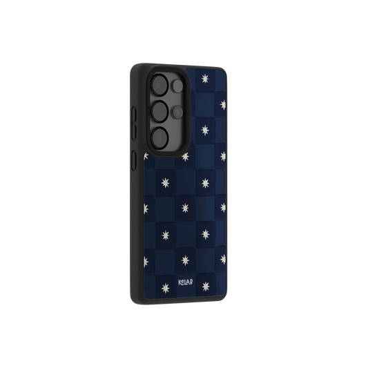 Navy checkerboard Samsung Galaxy case at a side angle showing the wrapped button covers