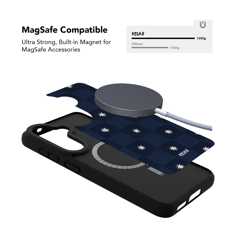 Navy checkerboard Samsung Galaxy case holding a magnetic wireless charger through the built in ring