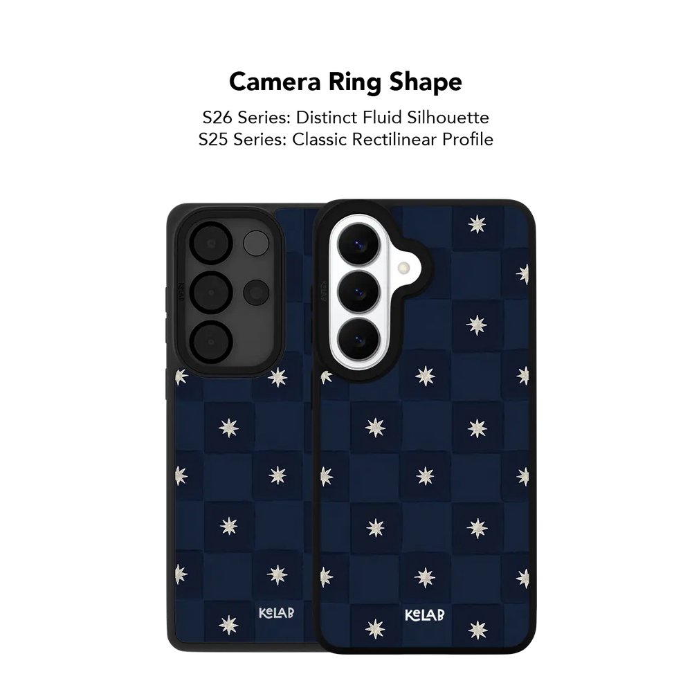 Close up of the camera ring cutout on the navy checkerboard Samsung Galaxy case