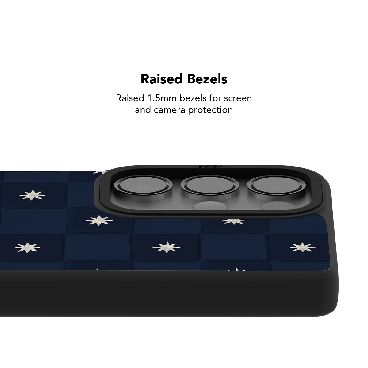 Raised bezel on the navy checkerboard Galaxy case lifting the camera lenses clear of a flat surface