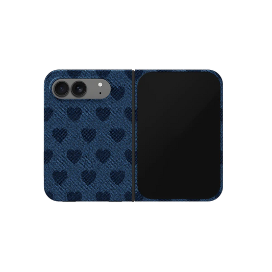Denim Heart, Y2K Blue Jean Vintage iPhone 18 Fold Case, unfolded front view