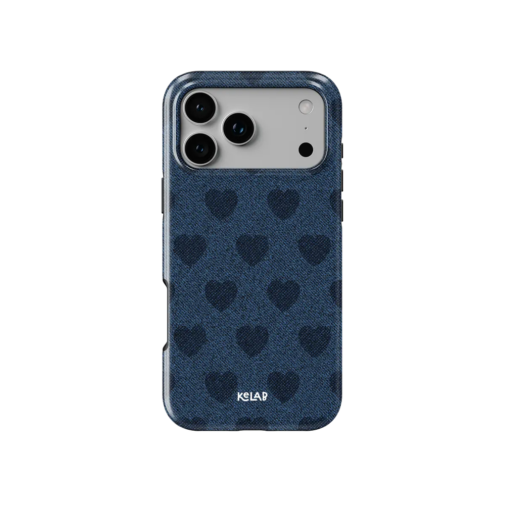 Denim Heart, Y2K Blue Jean Vintage iPhone Case, back view showing full coverage and camera cutout