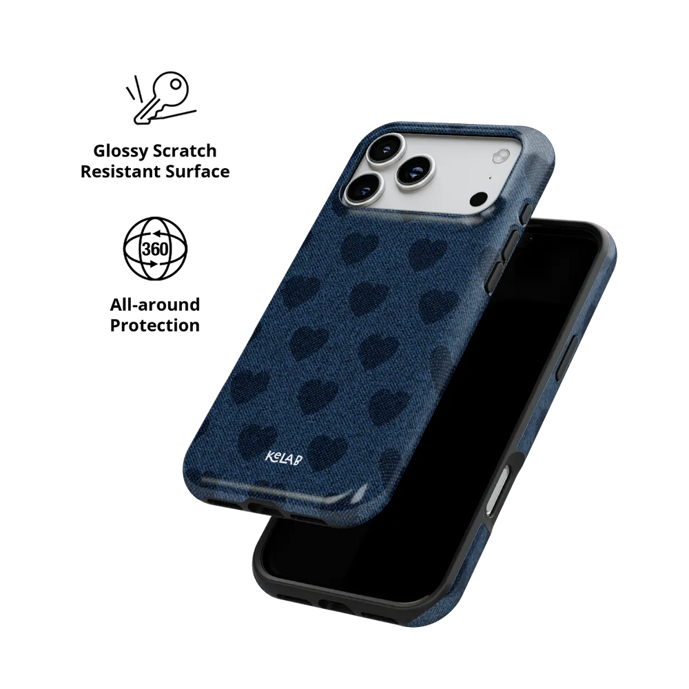 Denim Heart, Y2K Blue Jean Vintage iPhone Case, scratch-resistant all-around protection detail