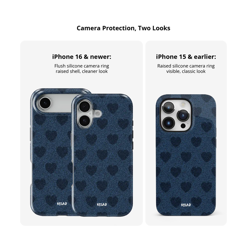 Denim Heart, Y2K Blue Jean Vintage iPhone Case, camera protection and iPhone model size comparison
