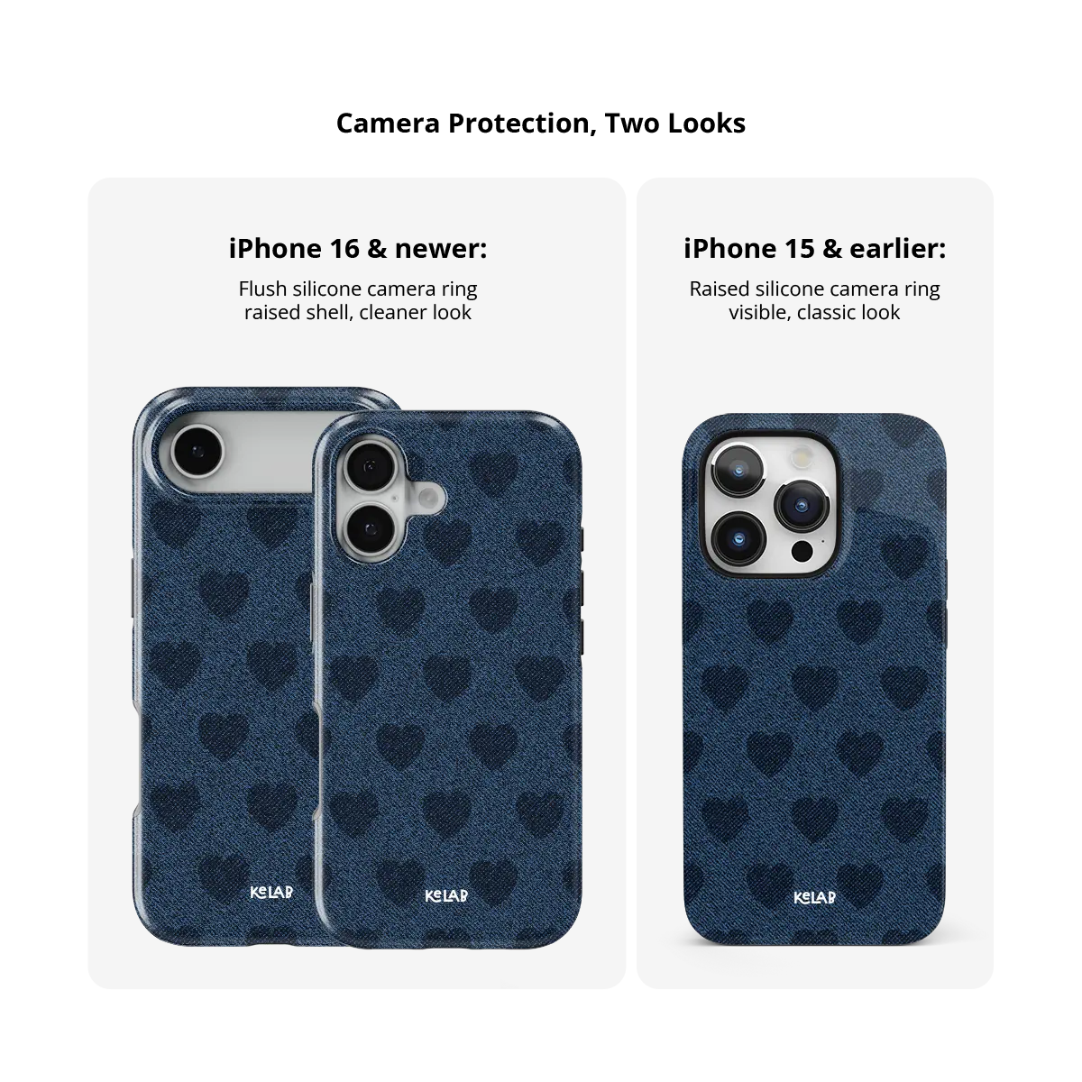 Denim Heart, Y2K Blue Jean Vintage iPhone Case, camera protection and iPhone model size comparison