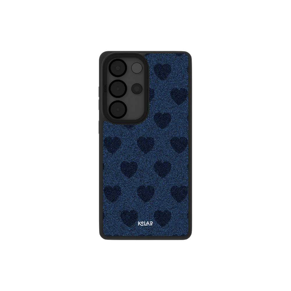 Denim heart Samsung Galaxy case, back view with faded indigo denim on denim hearts around the camera cutout