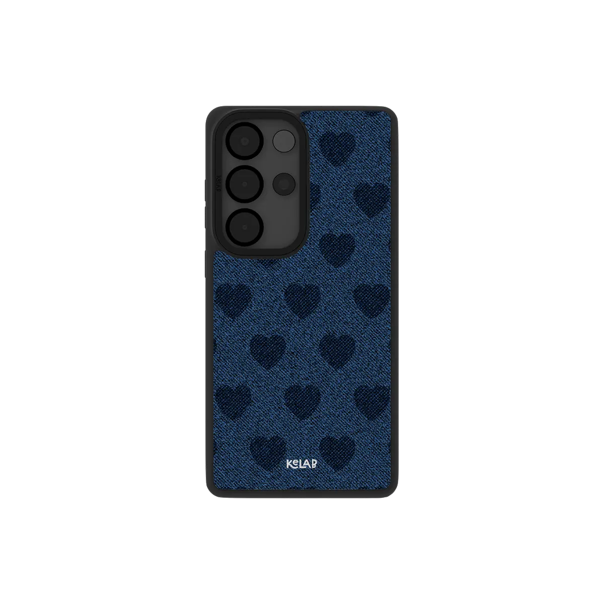 Denim heart Samsung Galaxy case, back view with faded indigo denim on denim hearts around the camera cutout