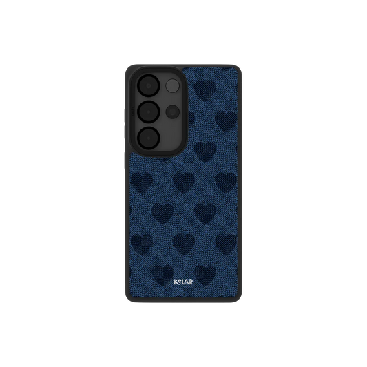 Denim heart Samsung Galaxy case, back view with faded indigo denim on denim hearts around the camera cutout