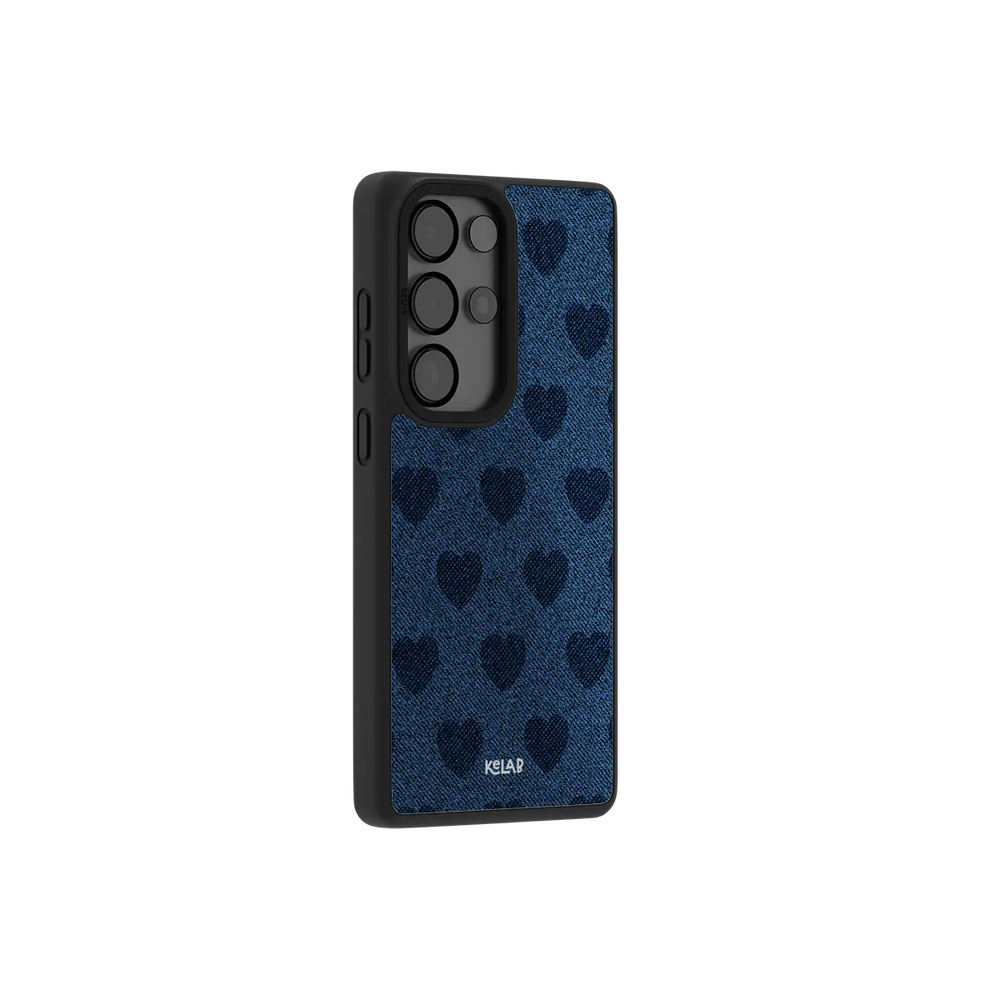 Denim heart Samsung Galaxy case at a side angle showing the wrapped button covers