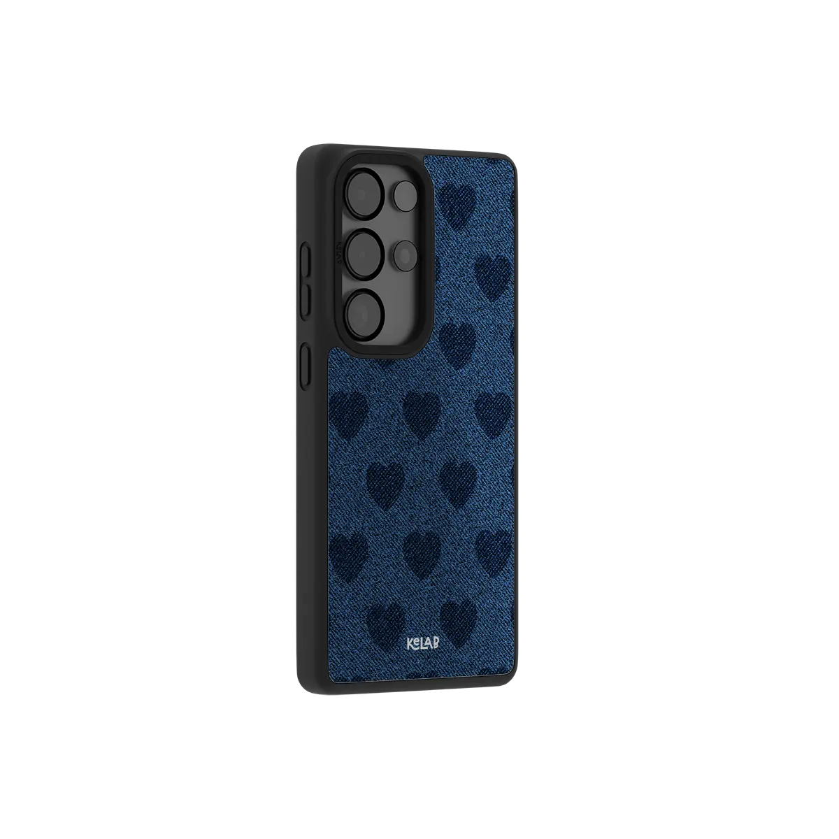 Denim heart Samsung Galaxy case at a side angle showing the wrapped button covers