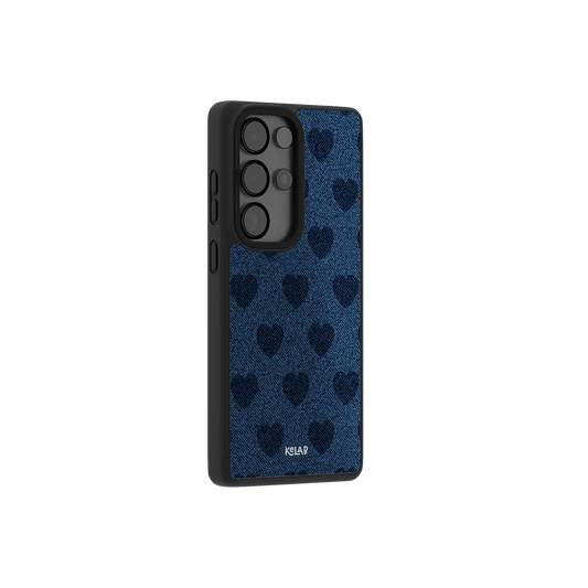 Denim heart Samsung Galaxy case at a side angle showing the wrapped button covers