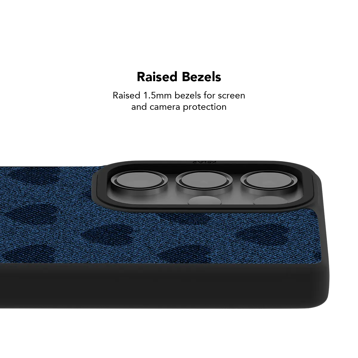 Raised bezel on the denim heart Galaxy case lifting the camera lenses clear of a flat surface
