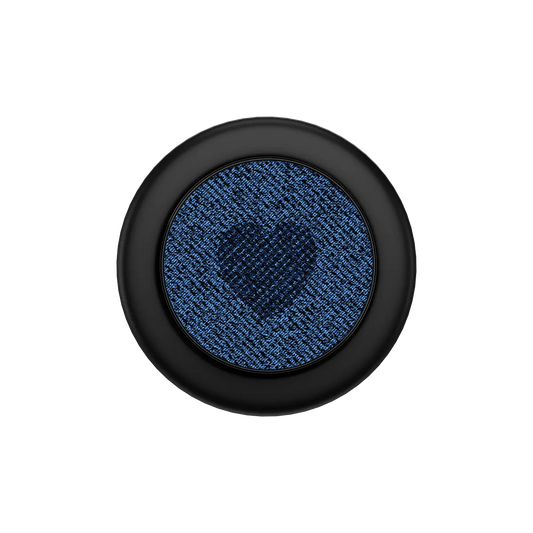 Black MagSafe phone grip with indigo fabric featuring a textured heart and built-in strong magnets.