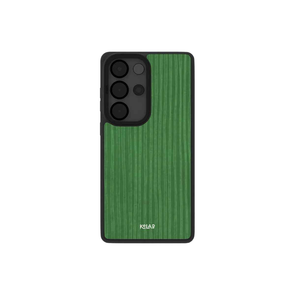 Emerald green stripe Samsung Galaxy case, back view with hand painted vertical bands around the camera cutout