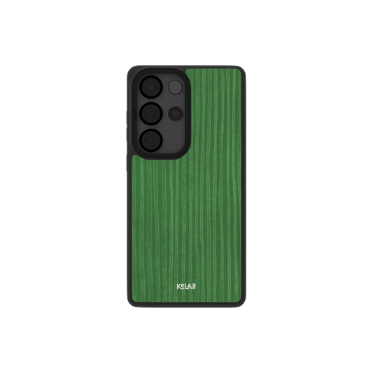 Emerald green stripe Samsung Galaxy case, back view with hand painted vertical bands around the camera cutout