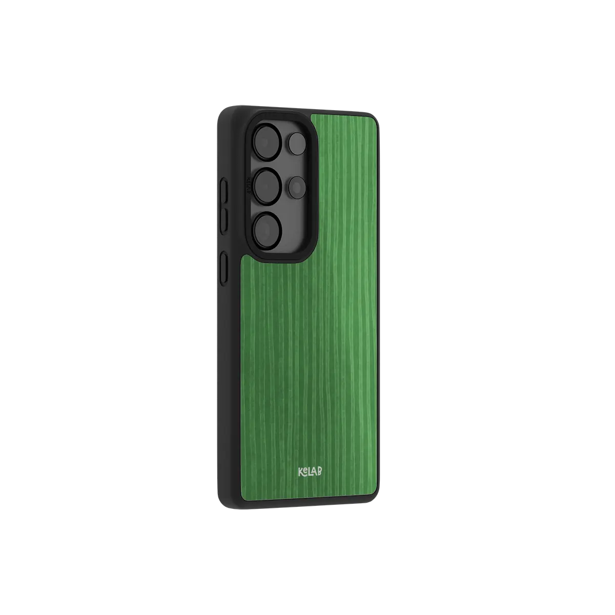 Emerald green stripe Samsung Galaxy case at a side angle showing the wrapped button covers