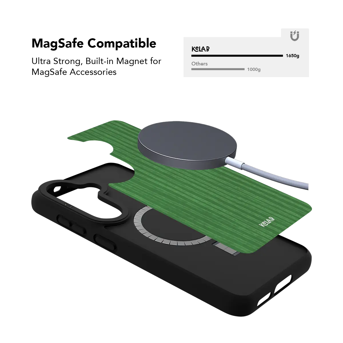 Emerald green stripe Samsung Galaxy case holding a magnetic wireless charger through the built in ring