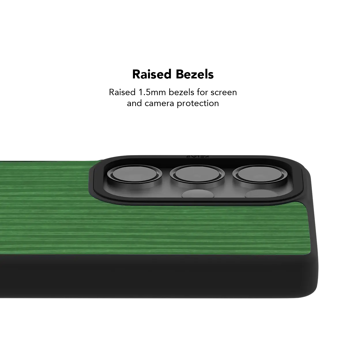 Raised bezel on the emerald stripe Galaxy case lifting the camera lenses clear of a flat surface