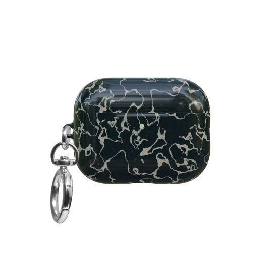 Black Marble airpods pro case front view with closed lid and keychain