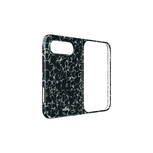 Black Marble, ed iPhone 18 Fold Case, unfolded side view showing the hinge