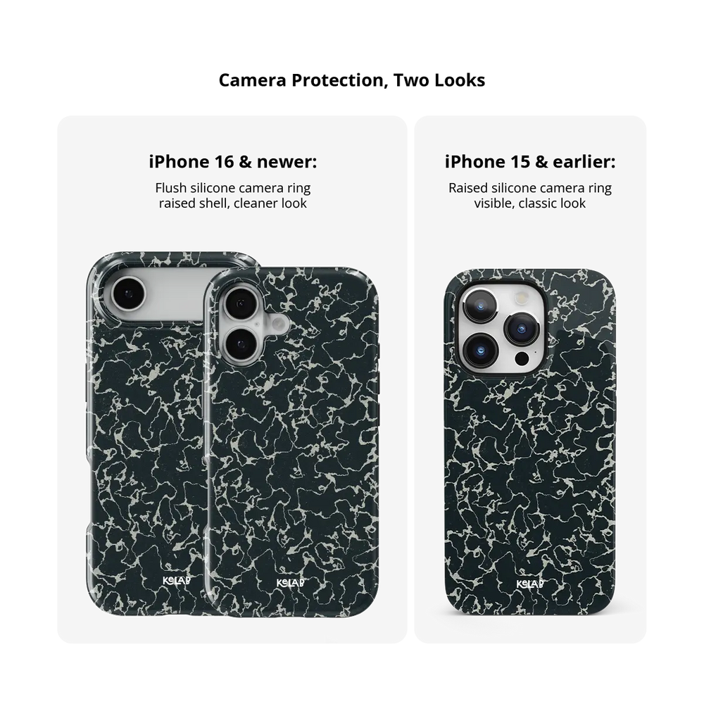 Abstract Black Marble iPhone Case, camera protection and iPhone model size comparison