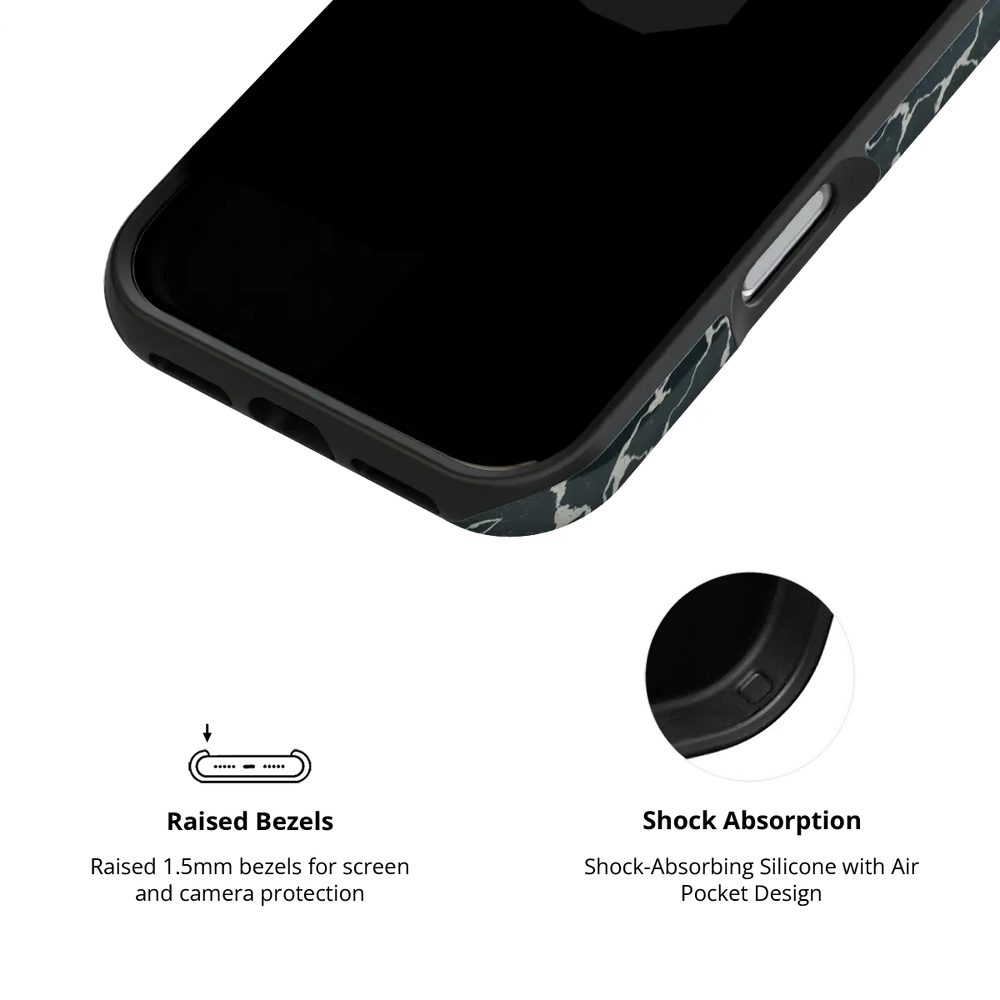 Abstract Black Marble iPhone Case, raised bezel design for shock absorption