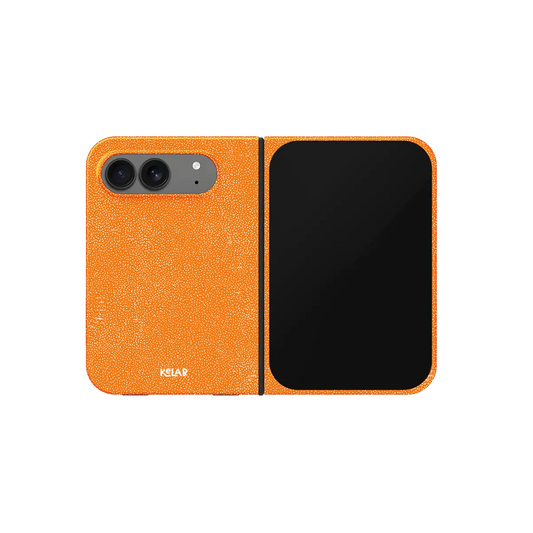 Orange Dopamine, Textured Tangerine iPhone 18 Fold Case, unfolded front view