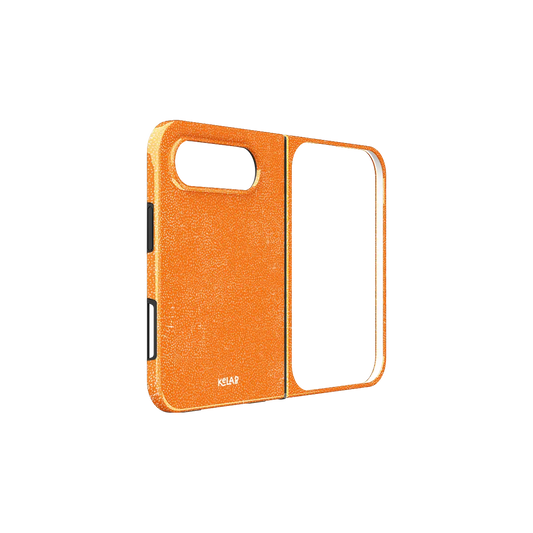 Orange Dopamine, Textured Tangerine iPhone 18 Fold Case, unfolded side view showing the hinge