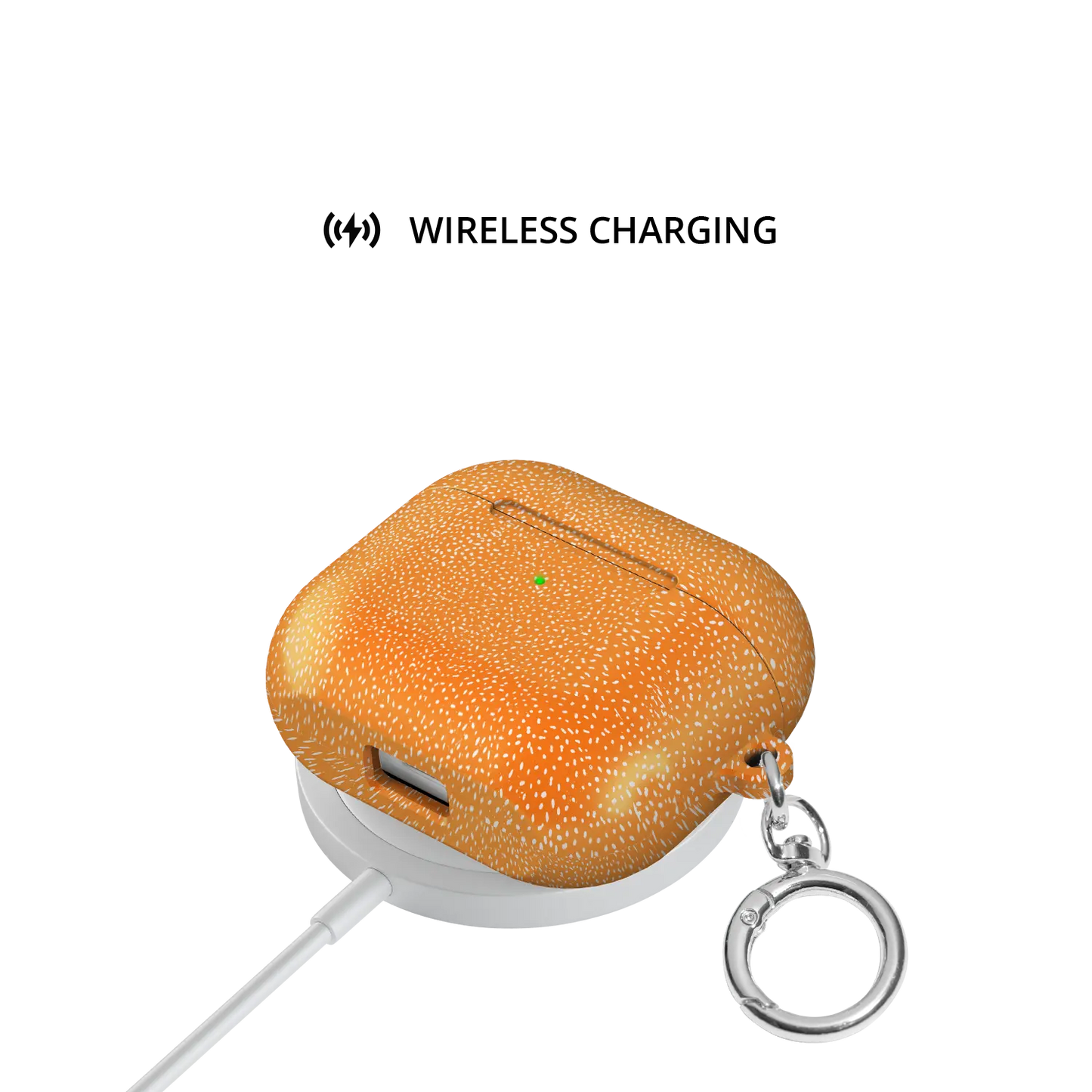 Orange Textured AirPods Case, on wireless charger