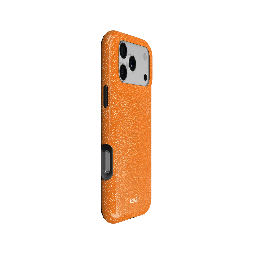 Electric Orange Textured iPhone Case, side angle view showing precise button cutouts and wraparound edge