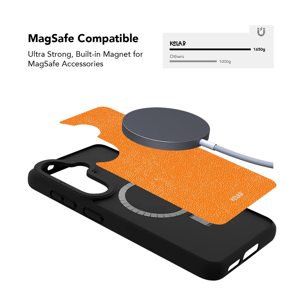 Orange textured Samsung Galaxy case holding a magnetic wireless charger through the built in ring