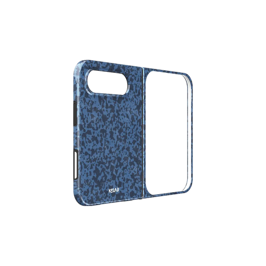 Navy Blue Marble, Agate Stone Look iPhone 18 Fold Case, unfolded side view showing the hinge