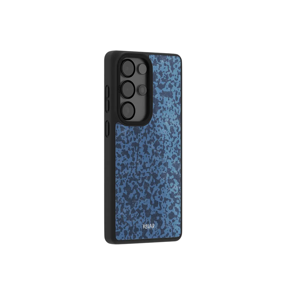 Navy blue marble Samsung Galaxy case at a side angle showing the wrapped button covers