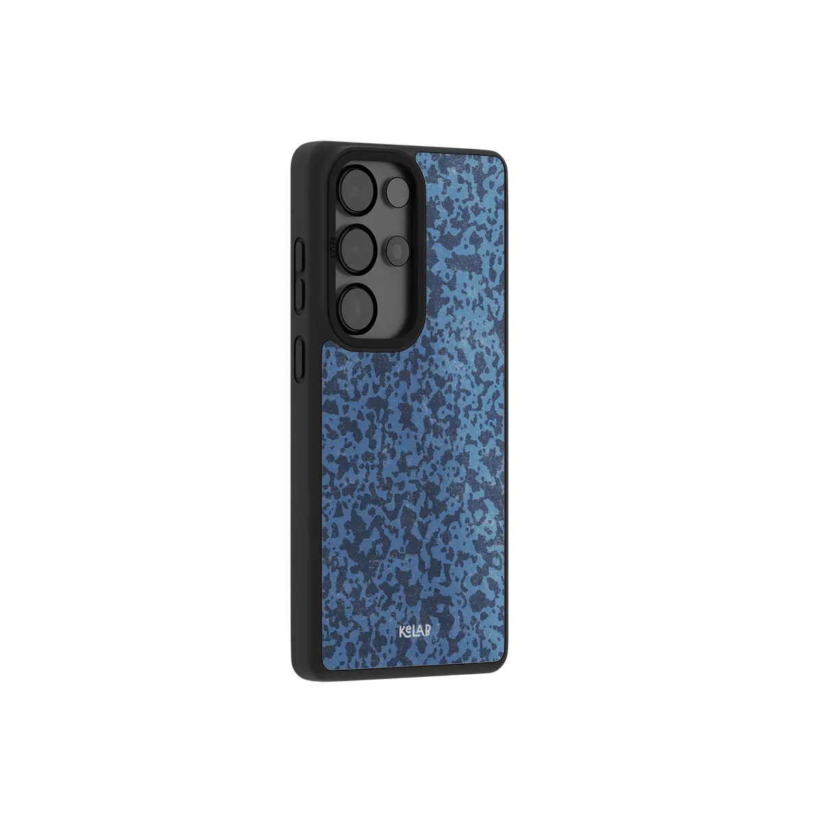 Navy blue marble Samsung Galaxy case at a side angle showing the wrapped button covers