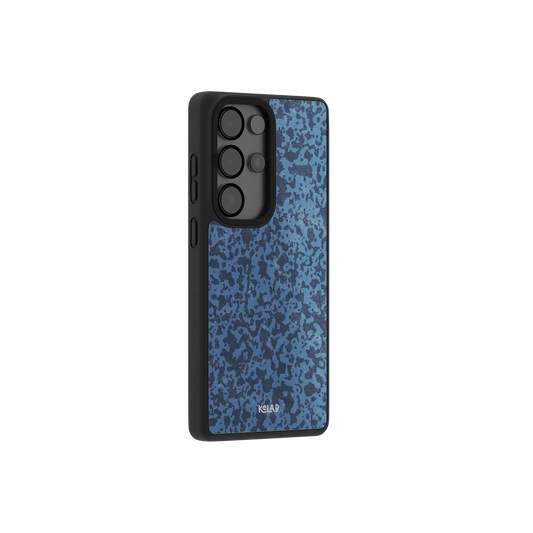 Navy blue marble Samsung Galaxy case at a side angle showing the wrapped button covers