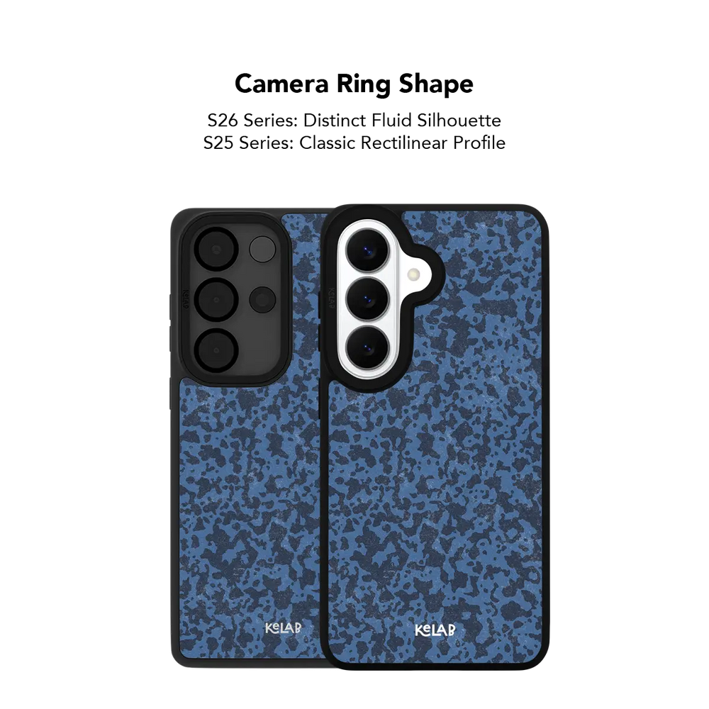 Close up of the camera ring cutout on the navy blue marble Samsung Galaxy case
