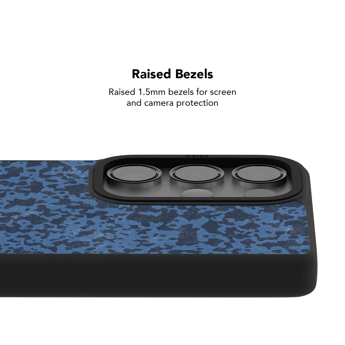 Raised bezel on the navy marble Galaxy case lifting the camera lenses clear of a flat surface