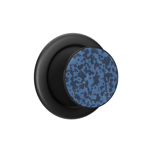 Black MagSafe phone grip pop grip with blue speckled pattern and built-in strong magnets.