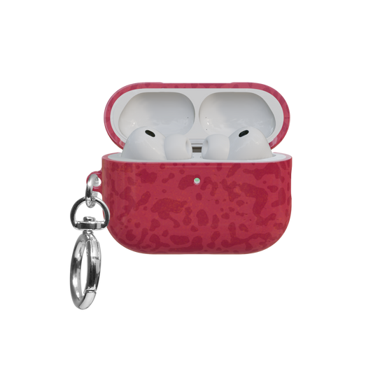 Red Street Camo airpods pro case front view with open lid and keychain