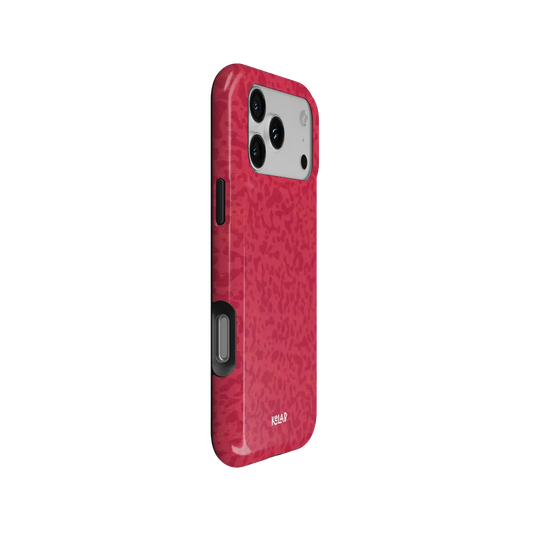 Red Street Camo iPhone Case, side angle view showing precise button cutouts and wraparound edge