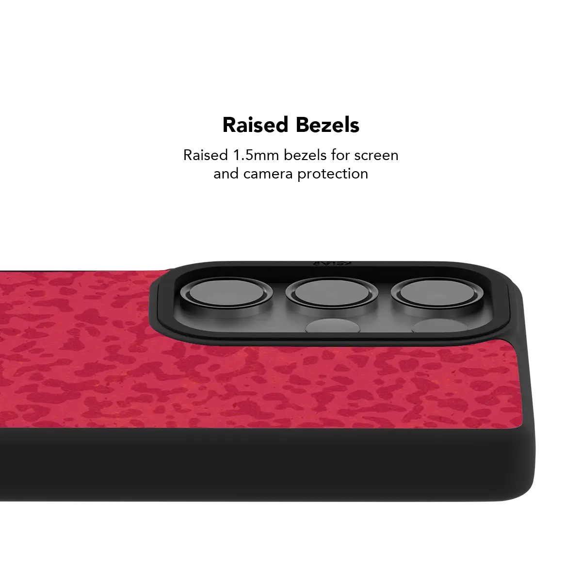 Raised bezel on the red camo Galaxy case lifting the camera lenses clear of a flat surface