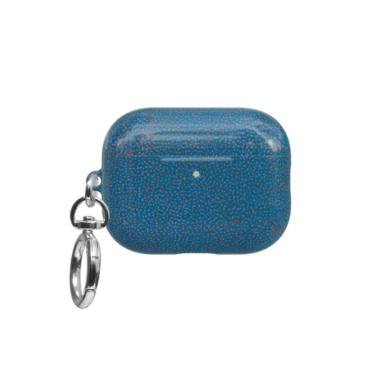 Blue Terrazzo airpods pro case front view with closed lid and keychain