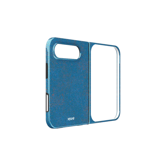 Blue Terrazzo, Speckled Stone Texture iPhone 18 Fold Case, unfolded side view showing the hinge