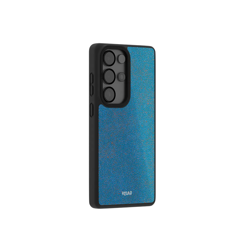 Blue terrazzo Samsung Galaxy case at a side angle showing the wrapped button covers