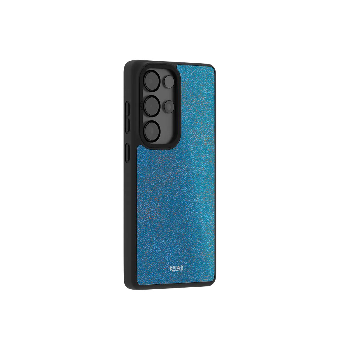 Blue terrazzo Samsung Galaxy case at a side angle showing the wrapped button covers