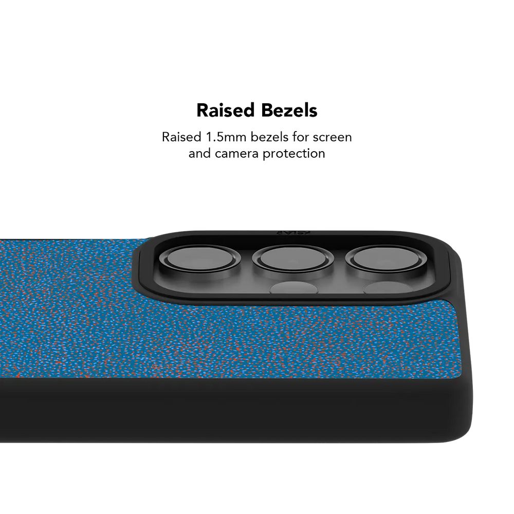 Raised bezel on the blue terrazzo Galaxy case lifting the camera lenses clear of a flat surface