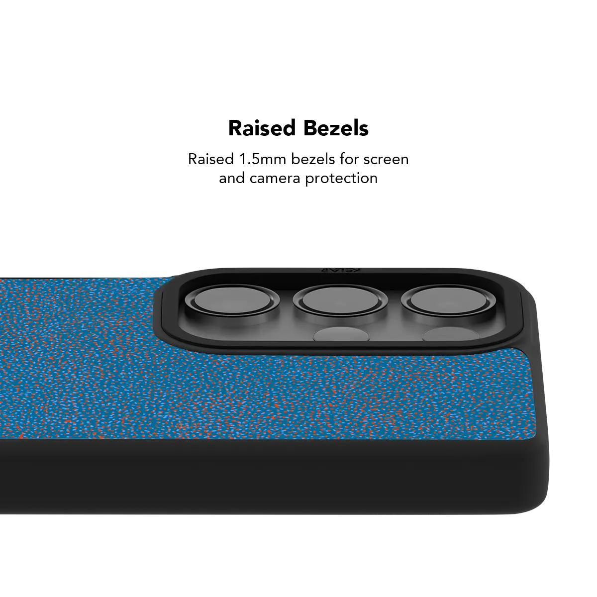 Raised bezel on the blue terrazzo Galaxy case lifting the camera lenses clear of a flat surface
