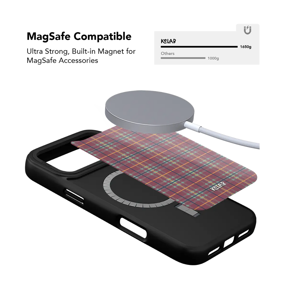 KELAB iPhone Case black case with multicolor plaid fabric and MagSafe ring on back