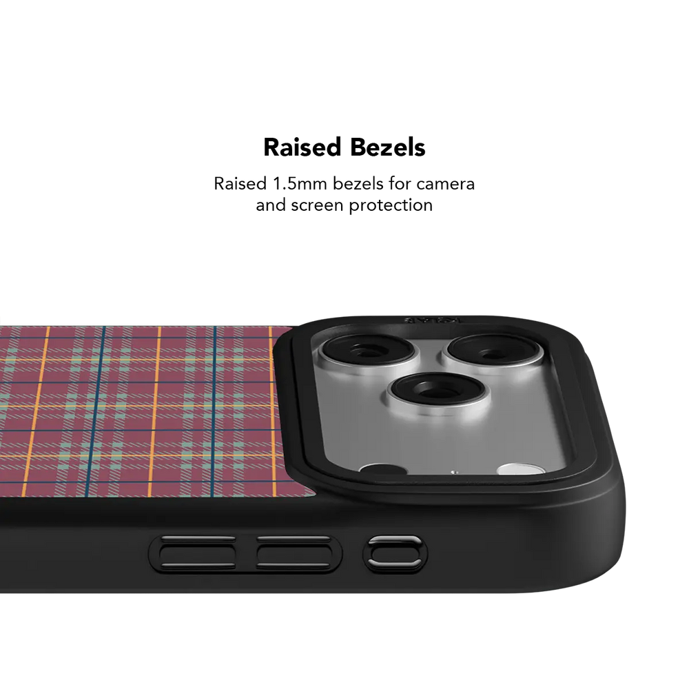 Black KELAB iPhone Case with MagSafe, black cover with plaid insert and three camera lenses visible
